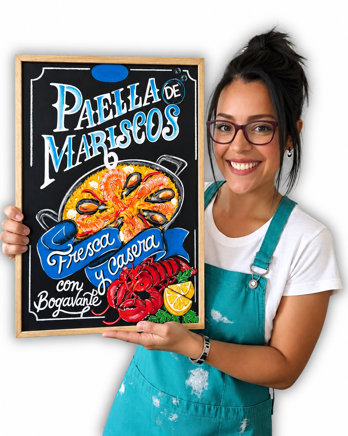 Pizarra de paella de mariscos pintada a mano por Artekalemu