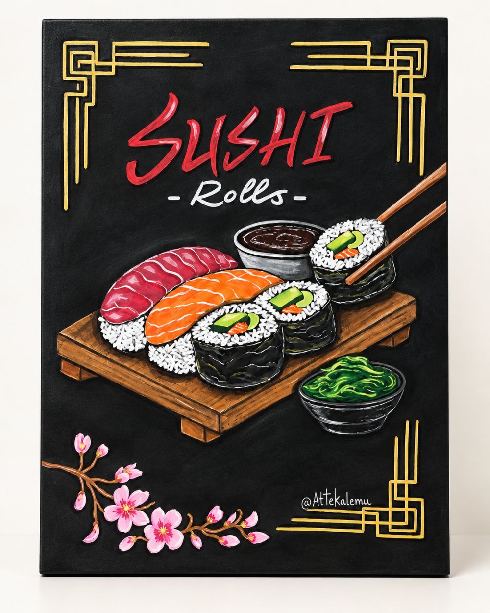 Pizarra artística de sushi pintada a mano